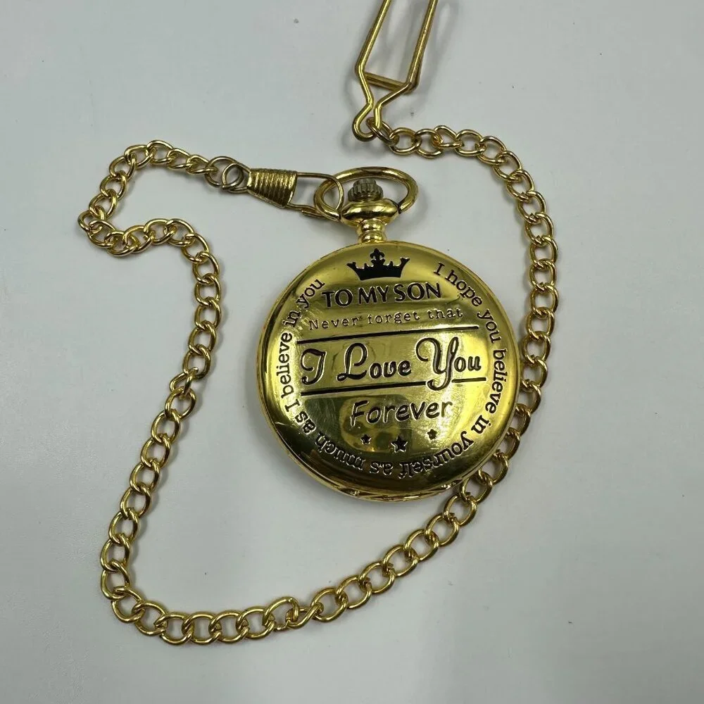 Pocket Watch Gold Tone Engraved To My Son I Love You Forever Chain New Battery